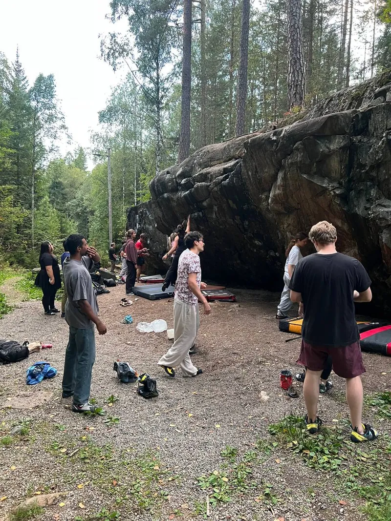 Folk og buldrematter under et overheng i skogen